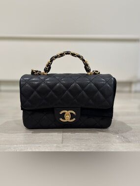 CHANEL Black Quilted Mini Flap Top-Handle Bag with Gold Hardware